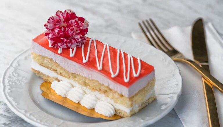 Strawberry layered pastry on a marble table